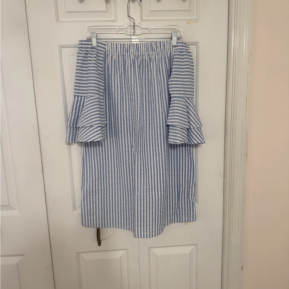 Red Dress Boutique Blue and White Striped Off the Shoulder Long Sleeve Dress